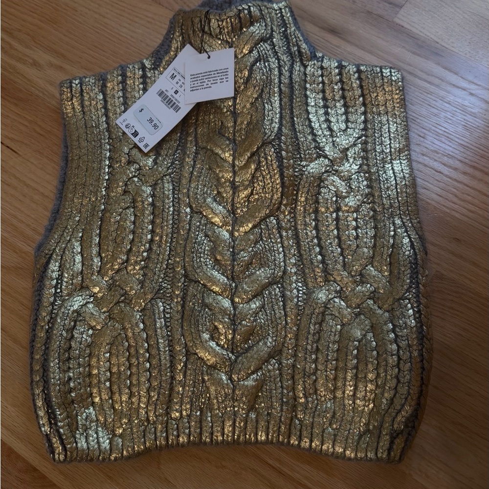 Zara Metallic Gold Cable-Knit Sleeveless Vest